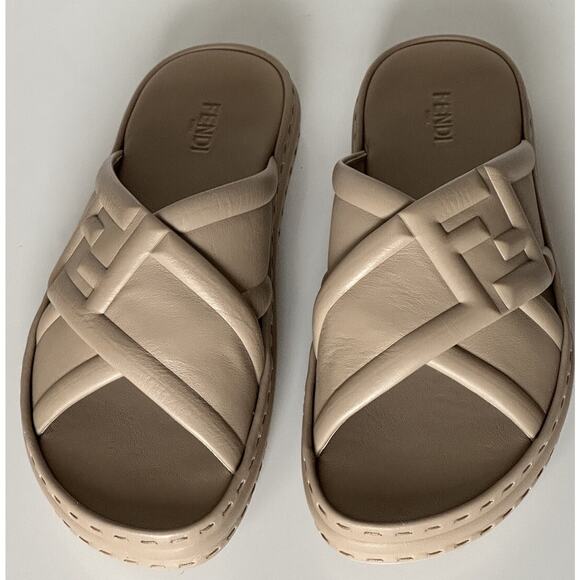 NIB $895 Fendi Men\'s FF Calf Leather Slide Sandals Beige 9 US/8 UK 7X1501 IT main image 9